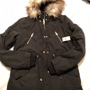 Black coat with fur hood.